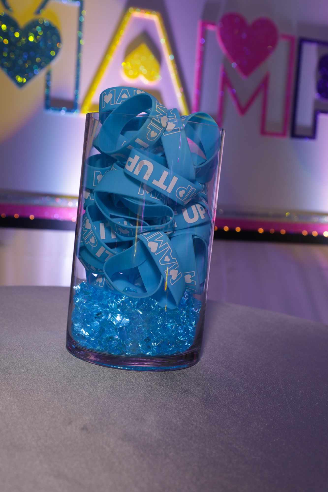 Beautiful LED High Top Centerpiece with Custom Slogan Bracelets for Bat Mitzvah Lounge Set Up