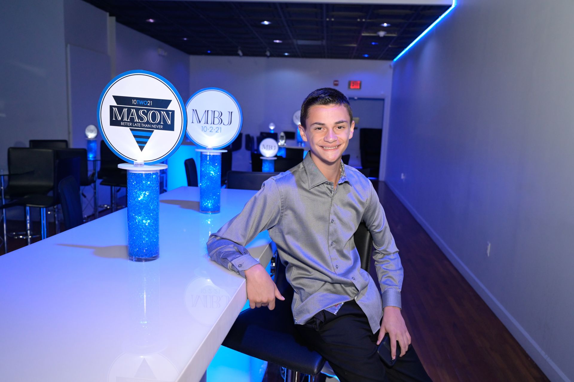 LED Custom Royal Blue Aqua Gems with Logo Topper High Top Centerpiece for Bar Mitzvah Decor