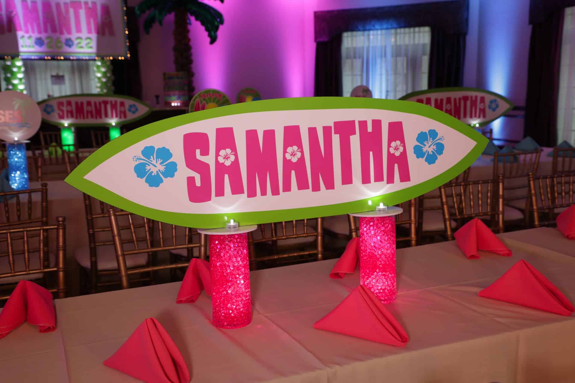 Mini Surf Board Centerpiece for Tropical Themed Bat Mitzvah Dais