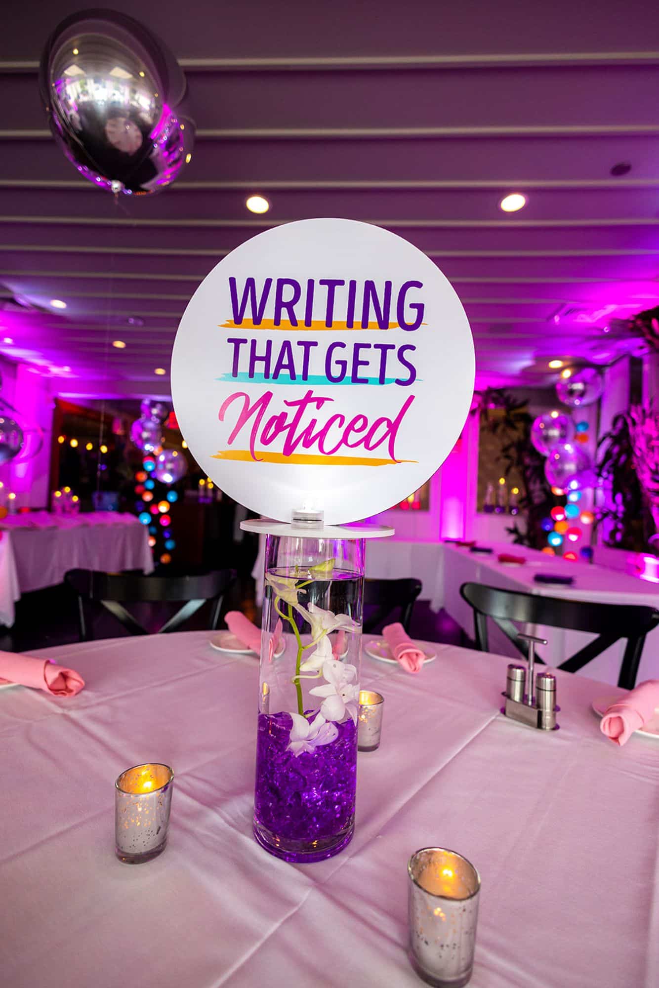 Mini LED Orchid Centerpiece with Custom Logo Cutout for Book Launch Party