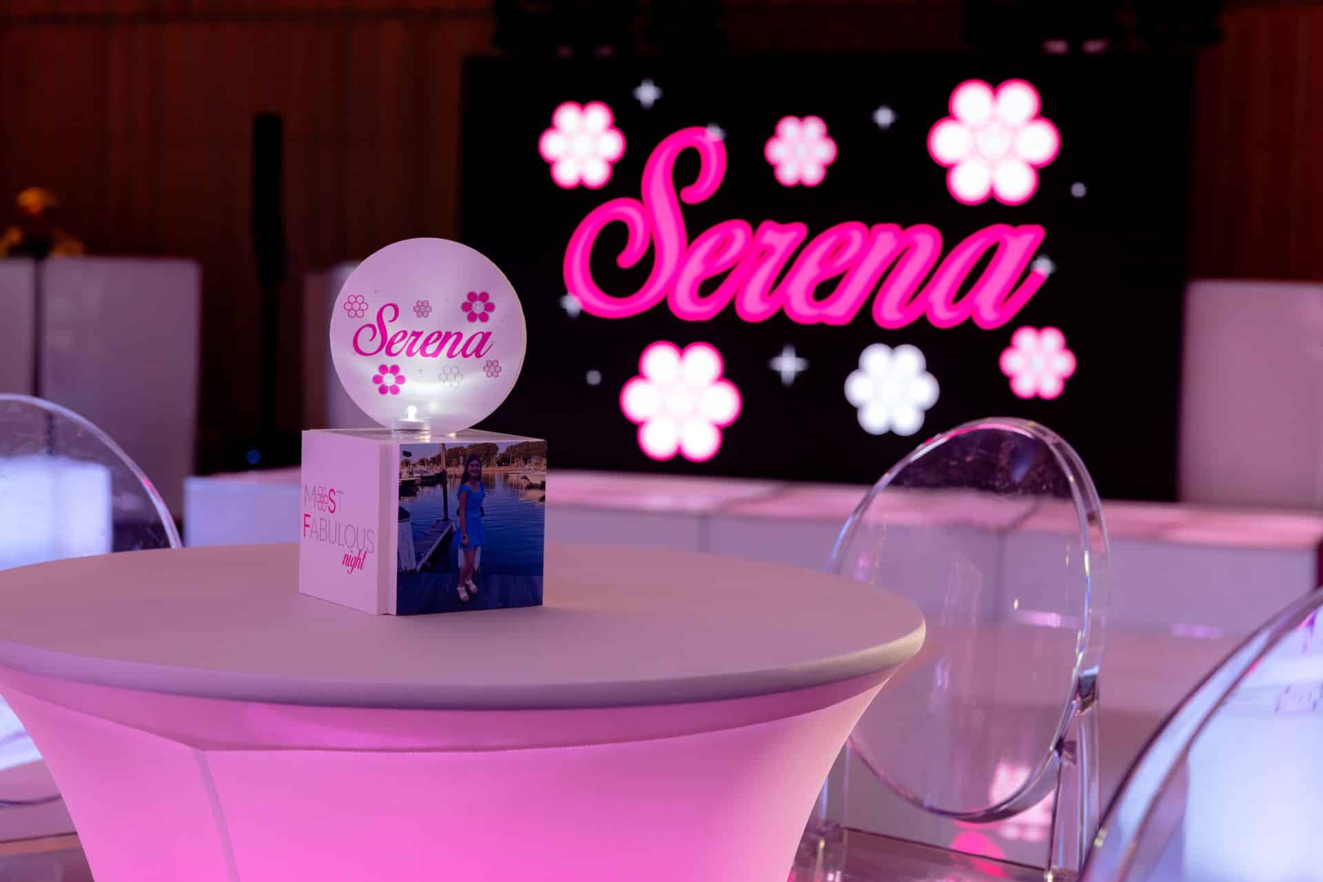 Flower Theme Mini Centerpiece with Logo Topper and Photo Cube