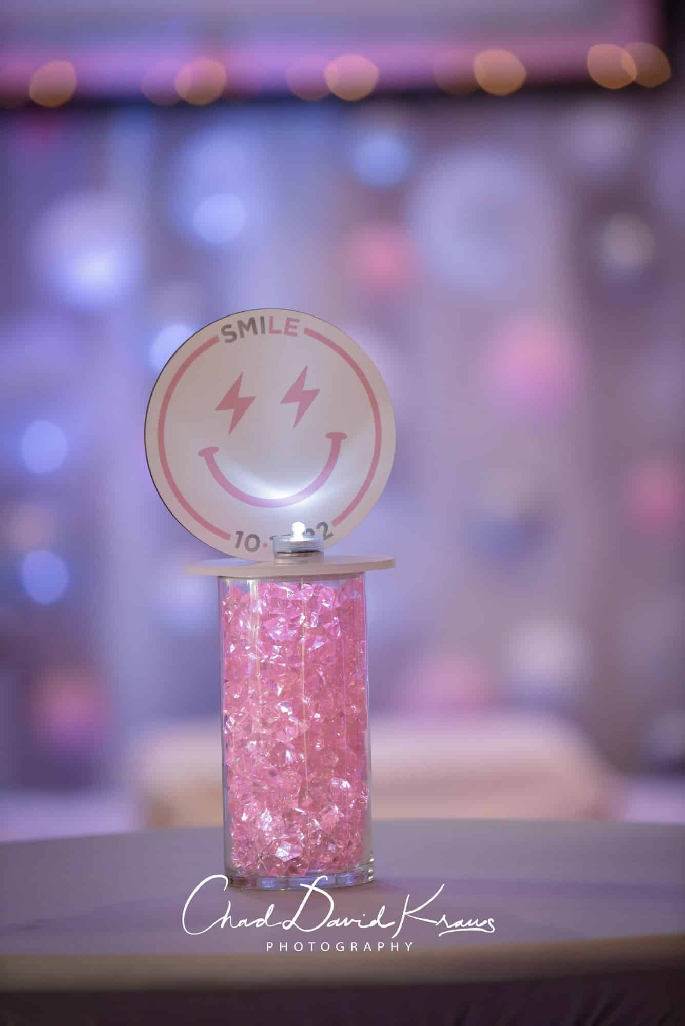 LED Hightop Centerpiece with Custom Smiley Face Logo for Bat Mitzvah Lounge