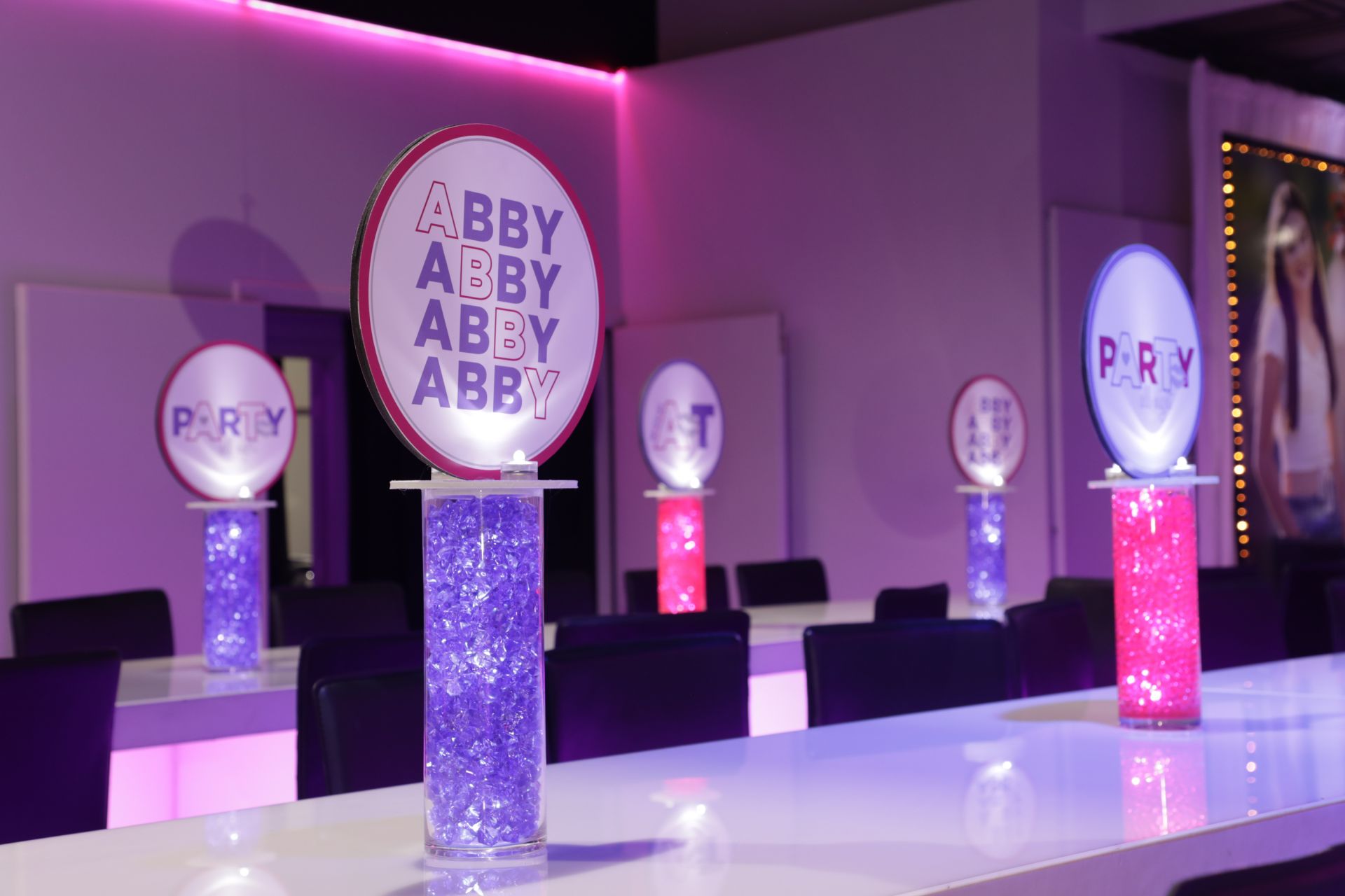 Beautiful Custom LED Lavender and Pink Chips with Alternating Logo Topper Centerpiece for Bat Mitzvah High Top Tables