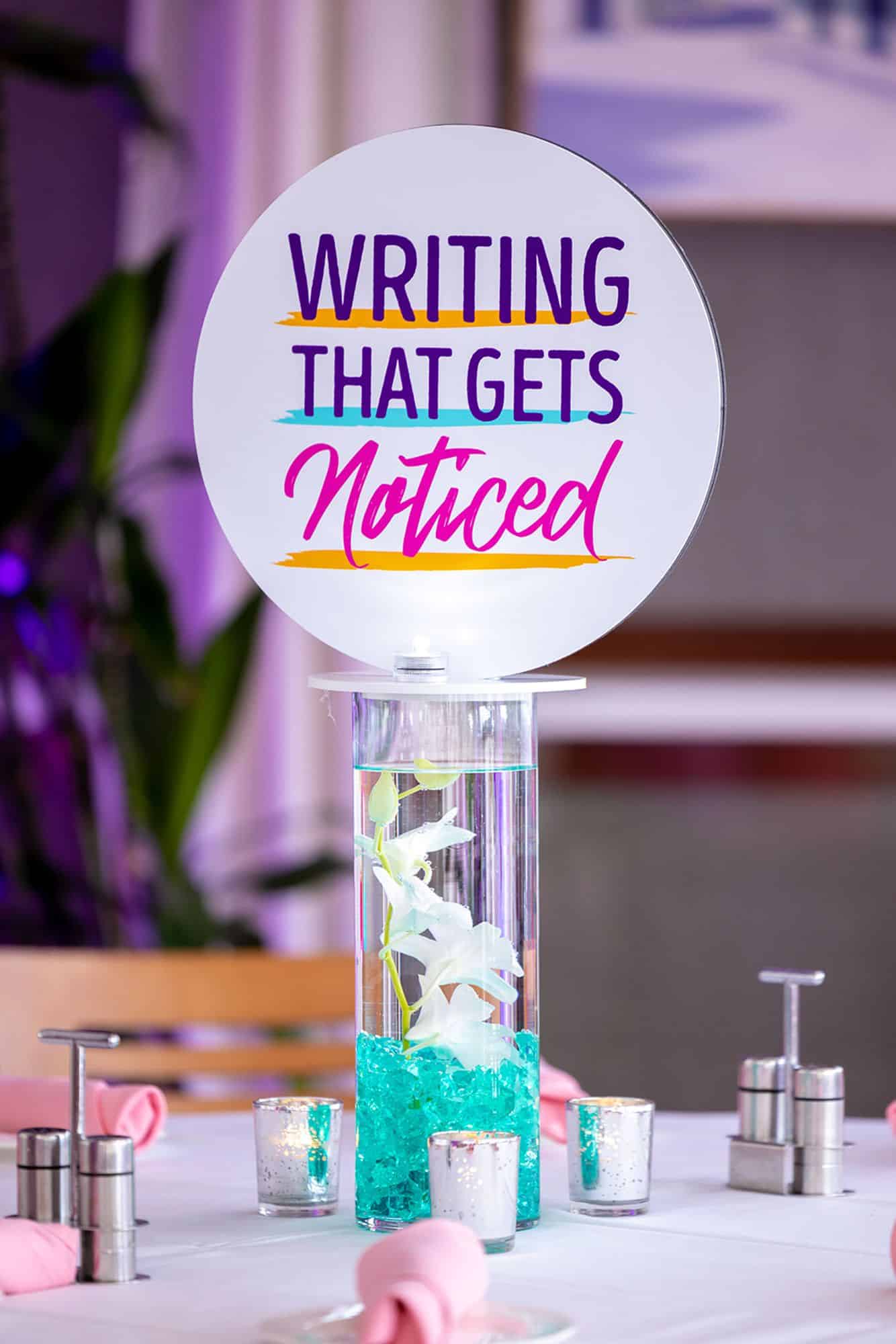 Mini LED Orchid Centerpiece with Custom Logo Cutout for Book Launch Party