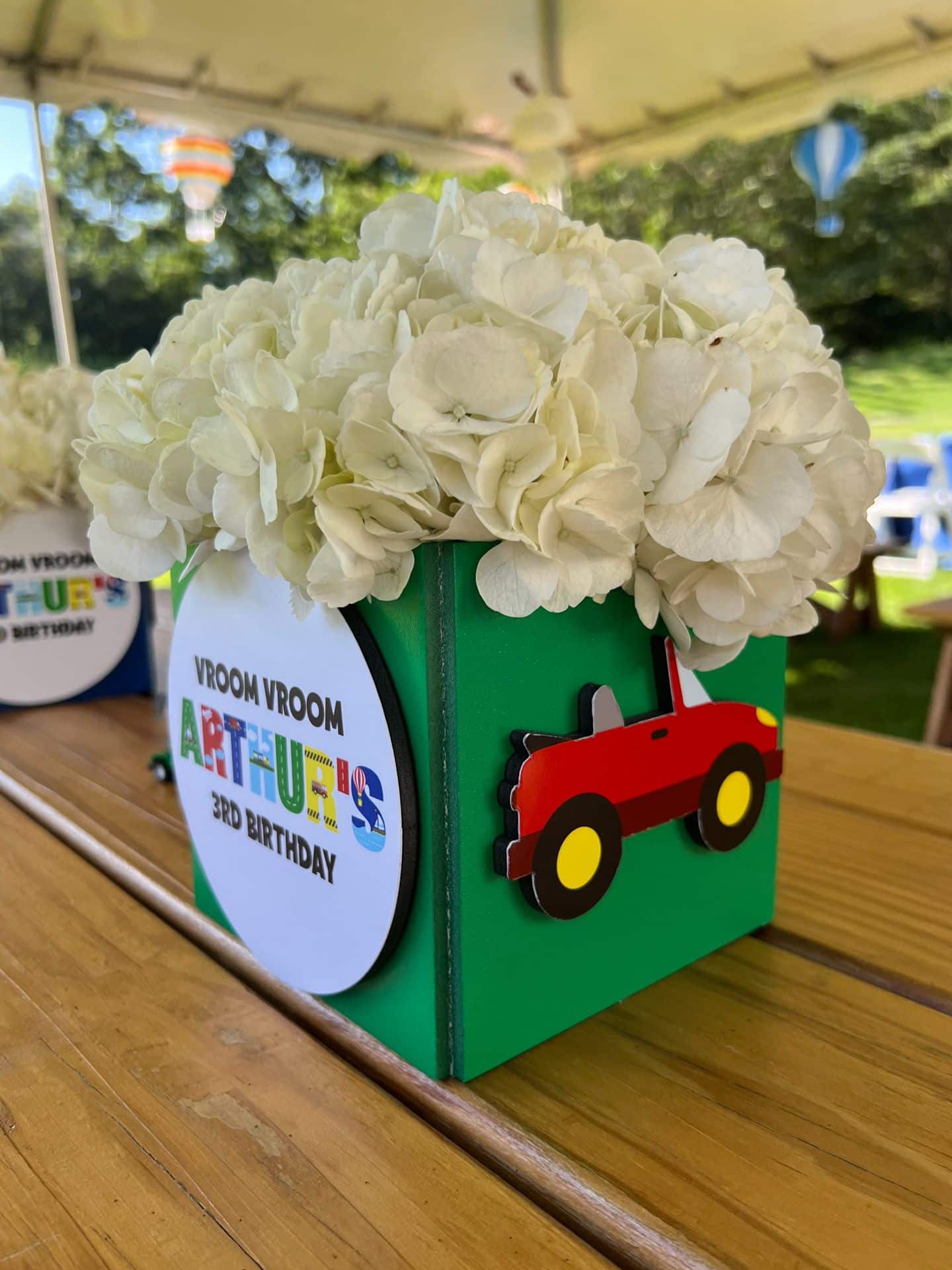 Custom Photo Cube Mini Flower Centerpiece with Hydrangea