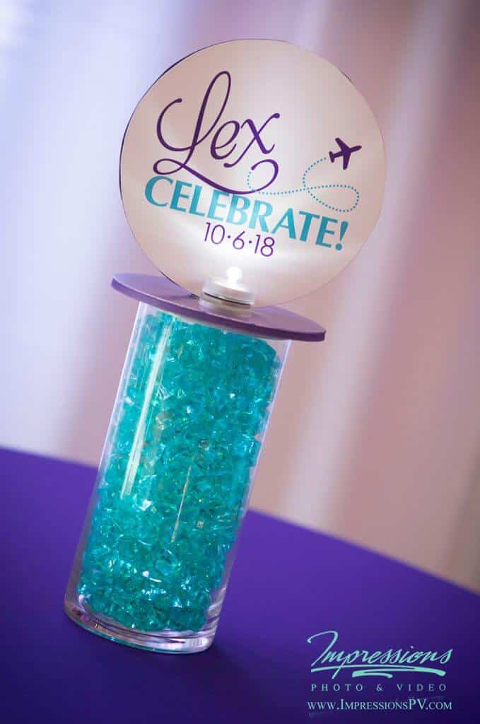 Mini Logo Centerpiece with Gems and Lights for Travel Themed Bar Mitzvah