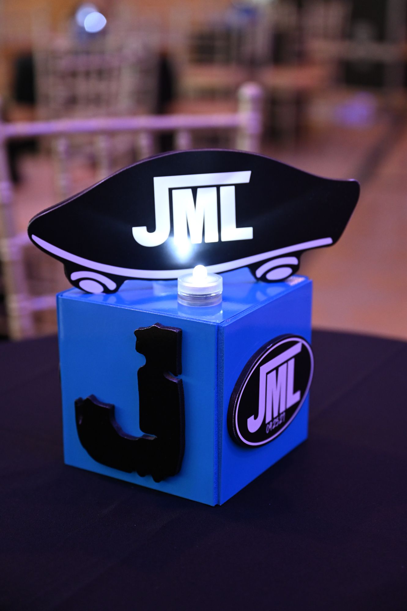 Unique Custom LED Skateboard Themed Mini Cube Centerpiece with Logo and Initial for Bar Mitzvah Lounge Decor
