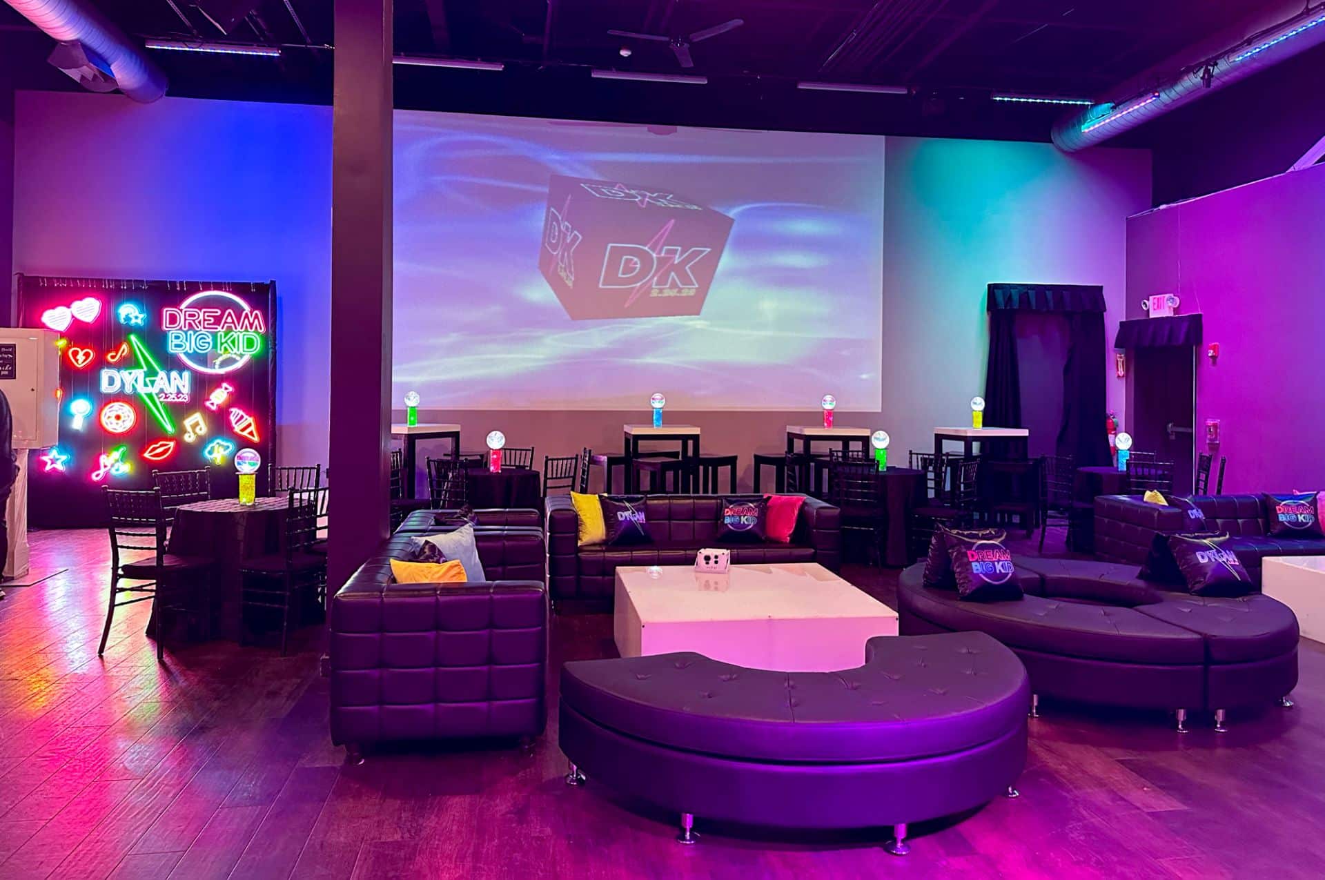 Mini LED Centerpiece with Custom Logo Cutout for Neon Bat Mitzvah Party at Club Vibe, NJ