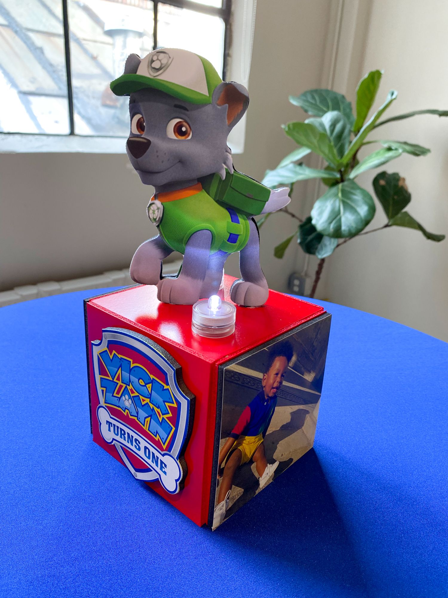 Perfect First Birthday Lounge Decor with Custom Paw Patrol LED Mini Photo Cube Centerpiece
