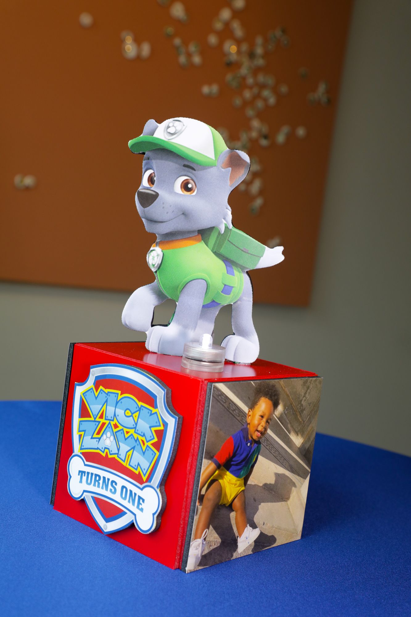 Creative Paw Patrol Themed LED Mini Cube Centerpiece with Logo, Picture and Character Cut Out for First Birthday Decor