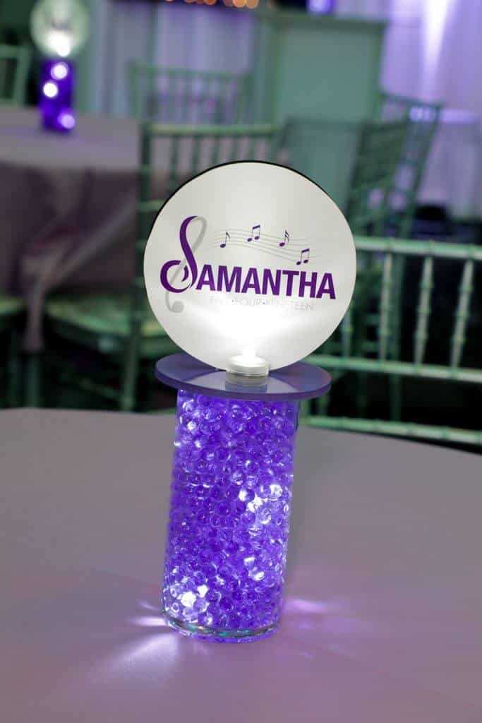 Music Themed Bat Mitzvah Lounge Centerpiece with LED Vase and Logo Topper