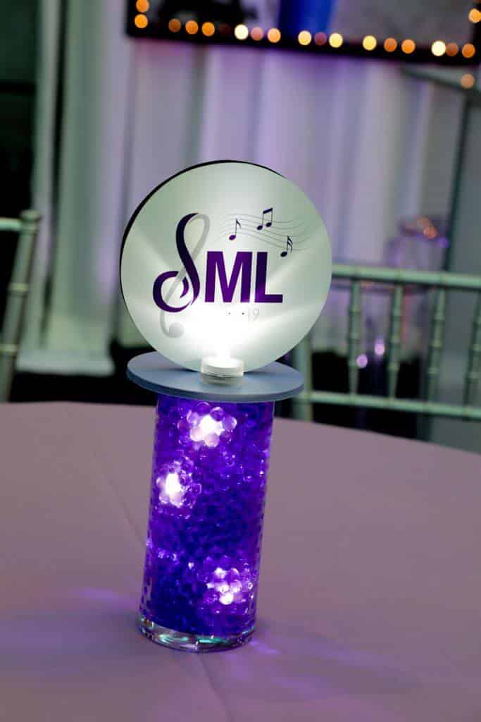Music Themed Bat Mitzvah Lounge Centerpiece with LED Vase and Logo Topper
