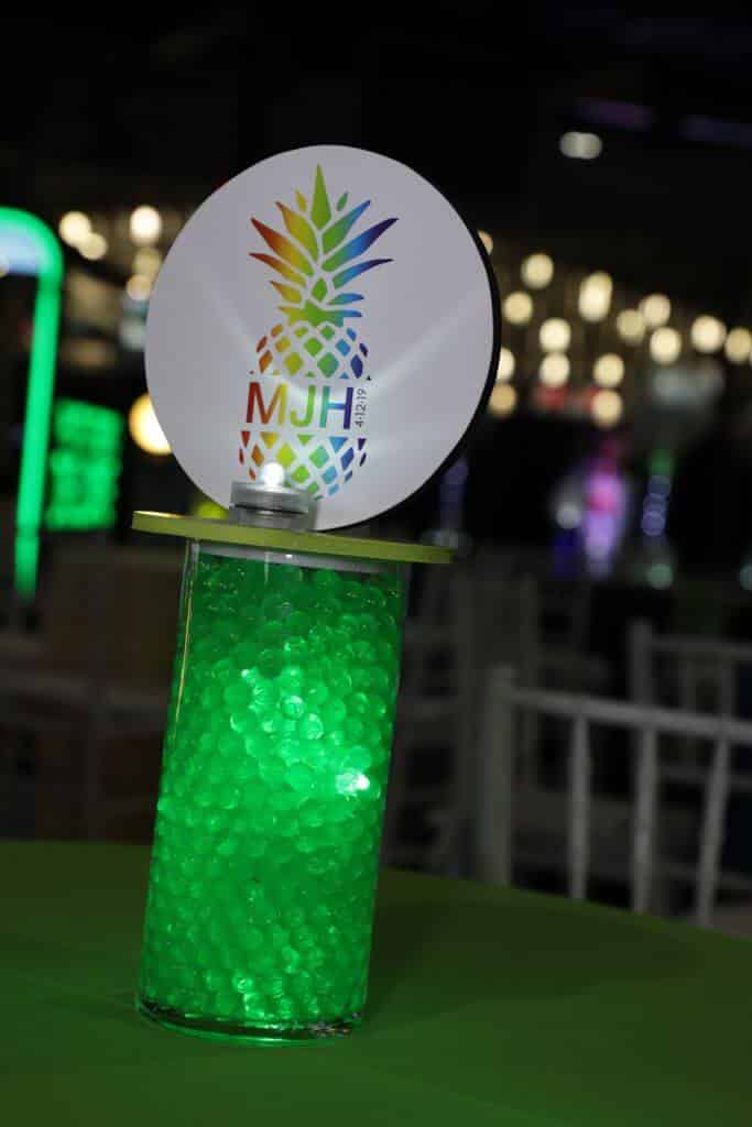 Rainbow Themed Bat Mitzvah Lounge Centerpiece with LED Vase and Logo Topper
