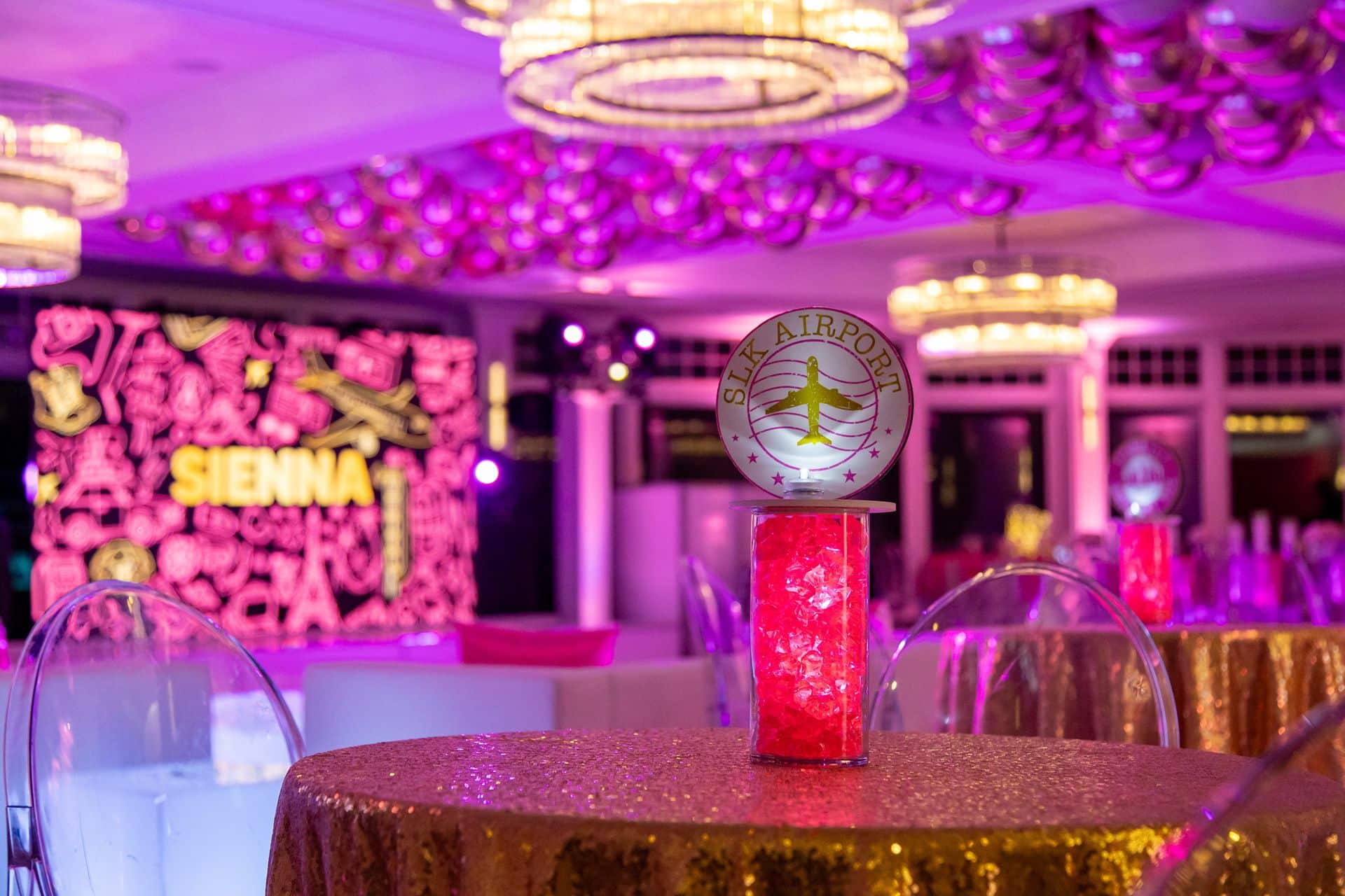 Travel Theme High Top Centerpiece with Logo Topper and Pink Gems