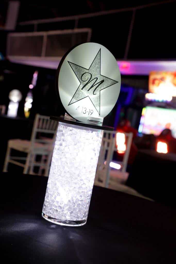 Bat Mitzvah Lounge Centerpiece with LED Vase and Logo Topper