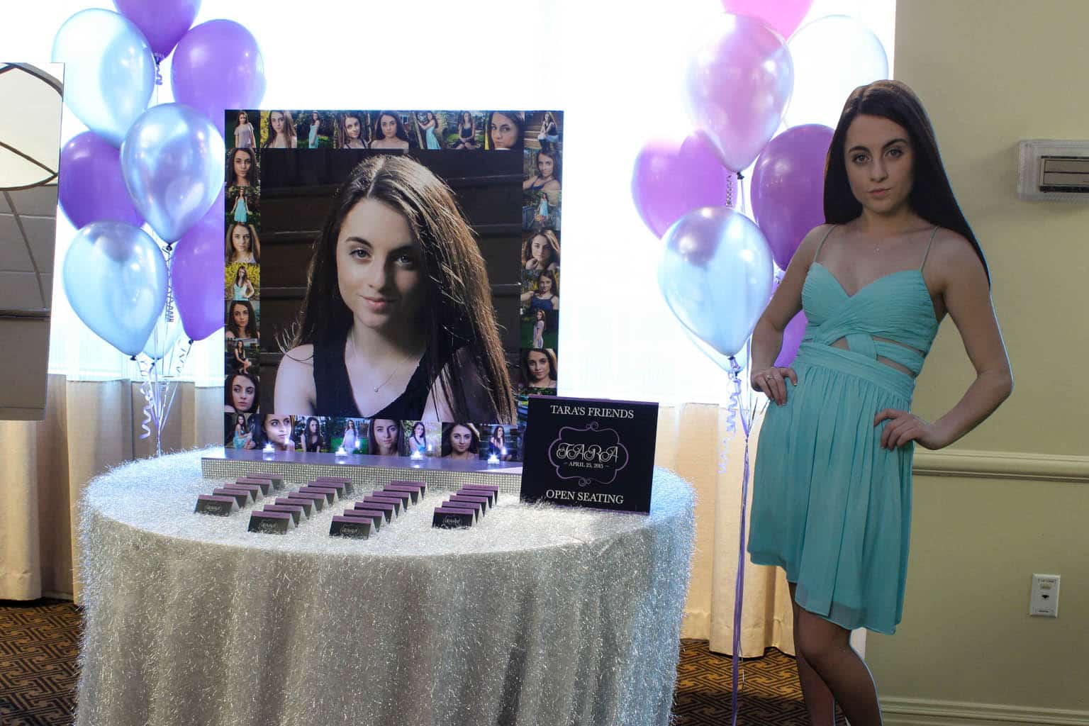 Sweet Sixteen Life Size Cutout near Place Card Table