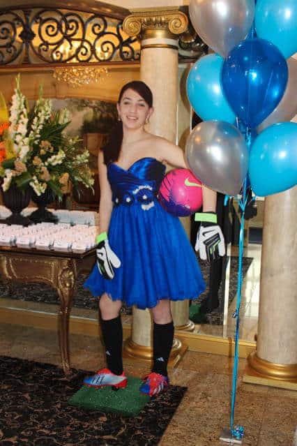 Soccer Themed Bat Mitzvah Girl Life Size Cutout Near Place Cards