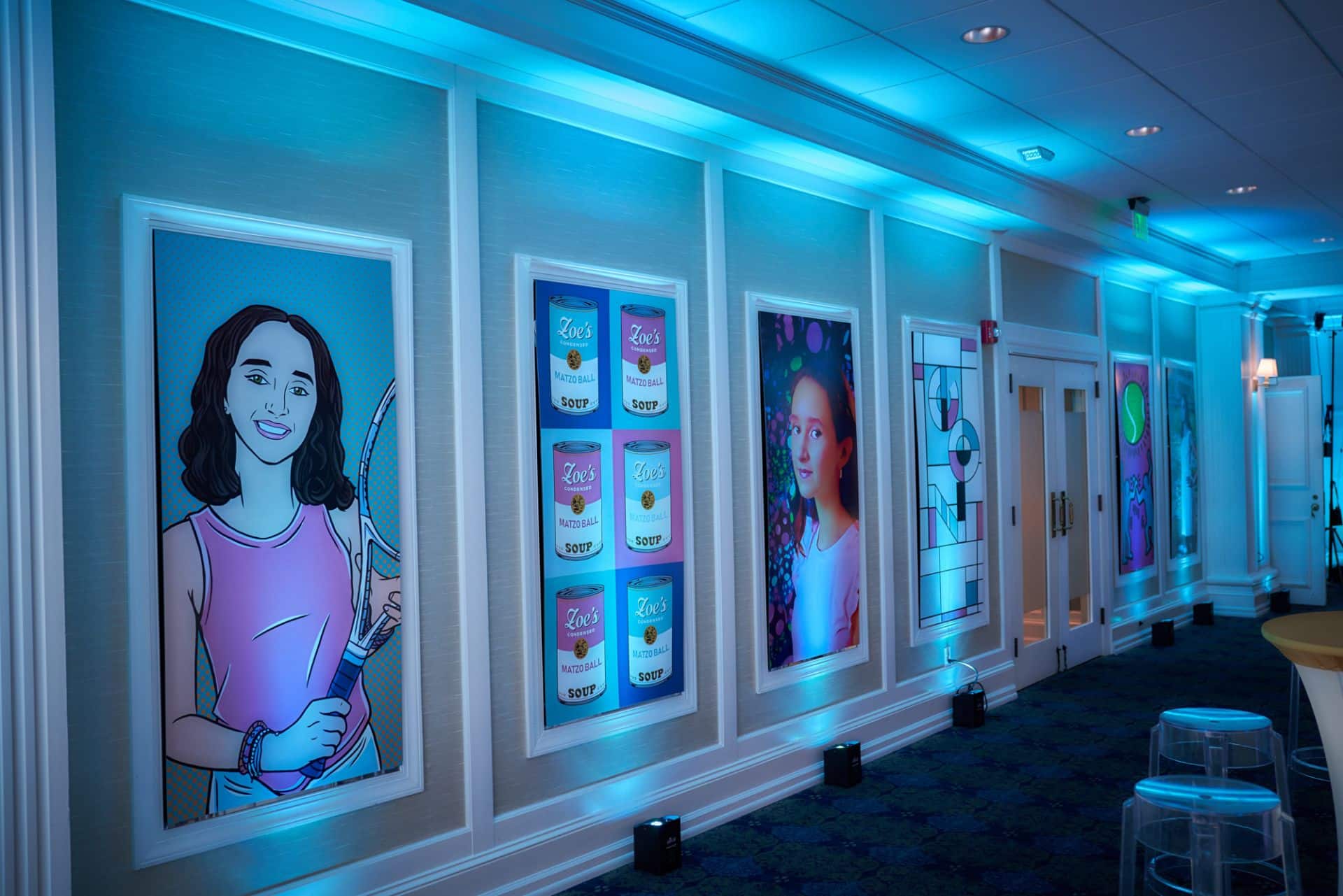 Blowup Photos with LED Uplights for Art Themed Bat Mitzvah Party at Country House at Bluestone