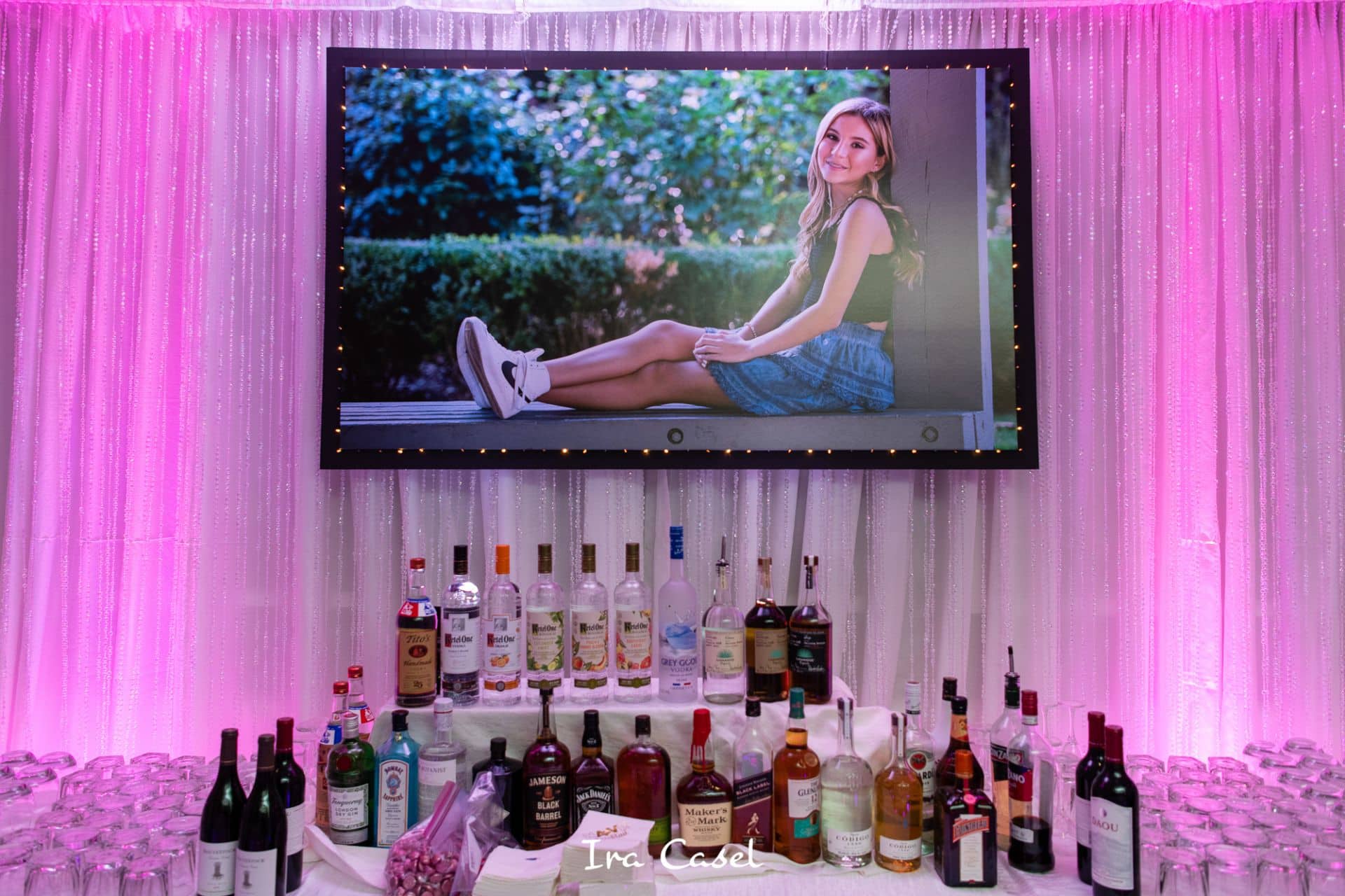 Blowup Photo with Lights on LED Beaded Curtain Behind Bar