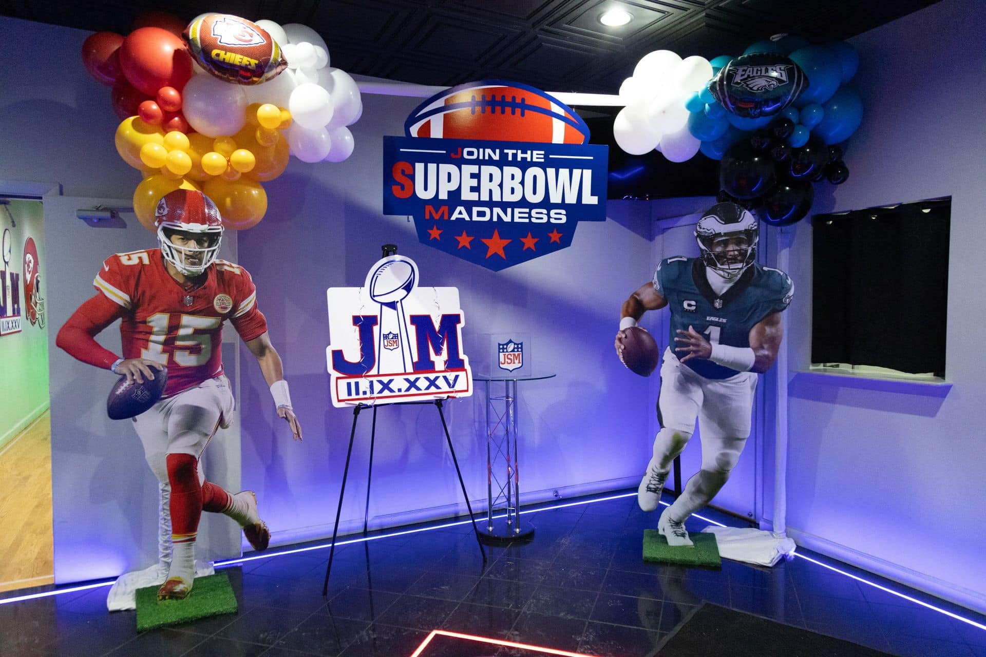 Life Size Cut Out Football Players, a Sign In Board and Balloons for a Super Bowl Bar Mitzvah