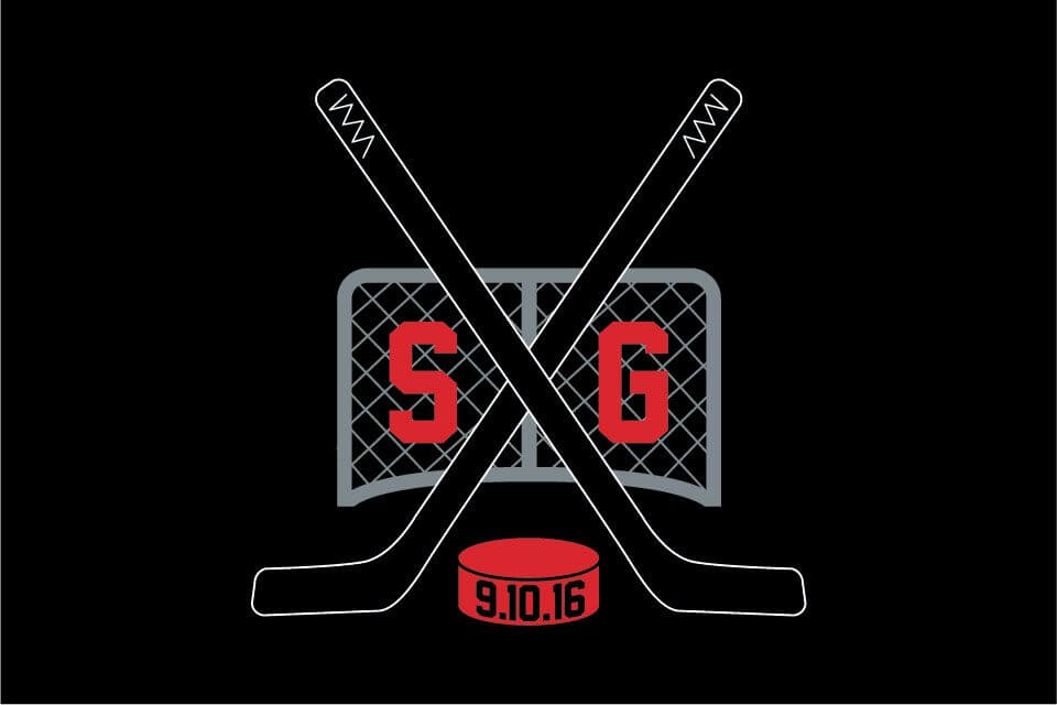 Hockey Themed Logo with Criss Crossing Sticks and Net