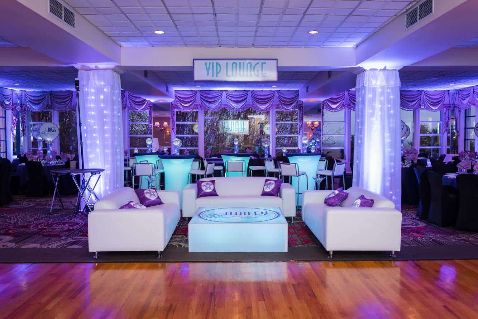 Hollywood Themed Bat Mitzvah Lounge with VIP Sign, Custom Loog Pillows and LED Hightops at Eagles Nest, NY