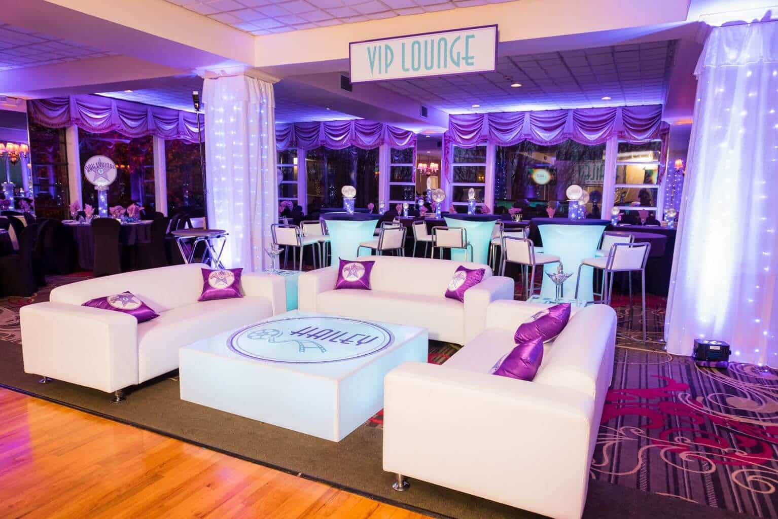 Hollywood Themed Bat Mitzvah Lounge with VIP Sign, Custom Loog Pillows and LED Hightops at Eagles Nest, NY