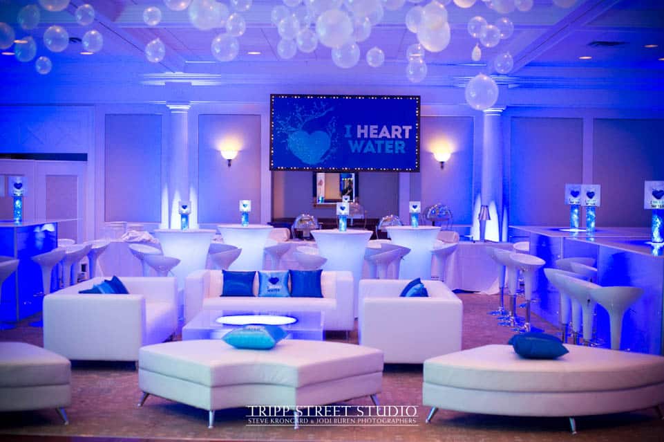 Underwater Bat Mitzvah Lounge with Blue LED Tables, Centerpieces and Custom Pillows
