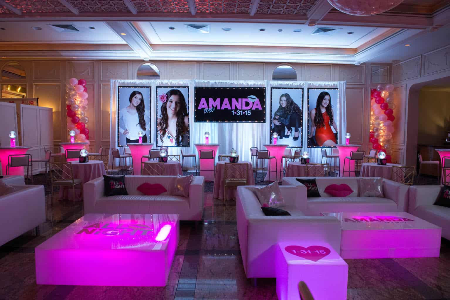 Bat Mitzvah Lounge with LED Furniture, Logo Decals, Custom Pillows and LED Curtain Display with Logo Backdrop and Blowup Photos