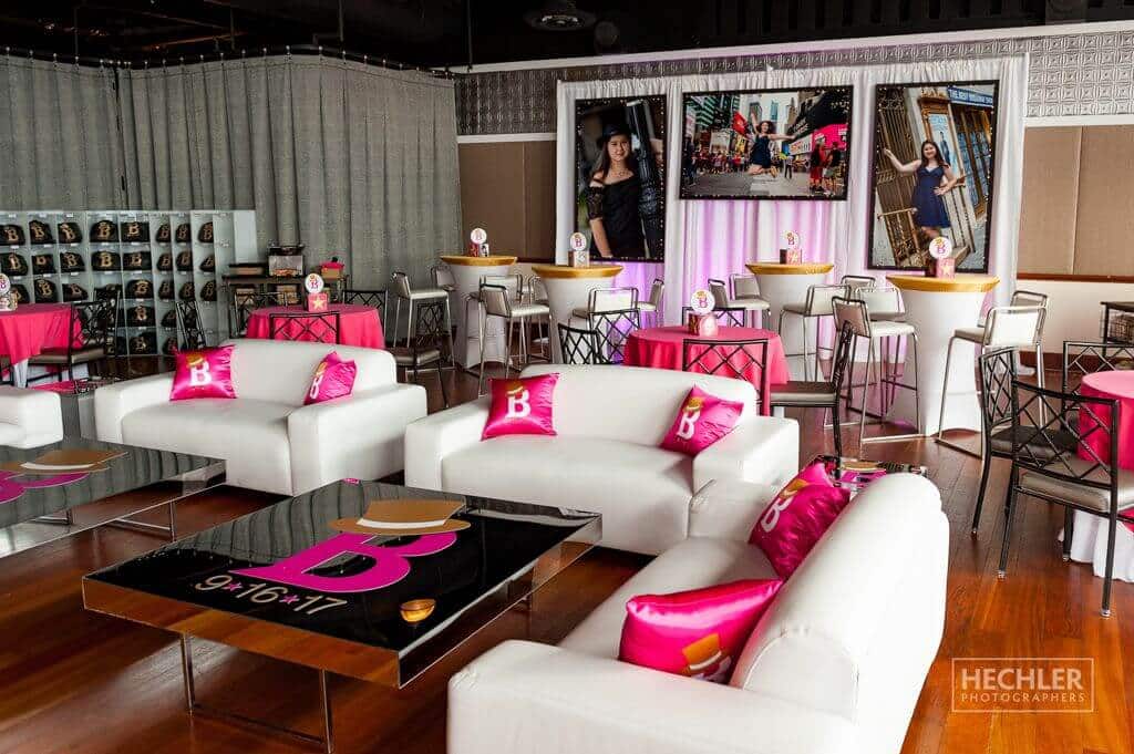 NYC Themed Bat Mitzvah Lounge Setup with Mirrored Tables
