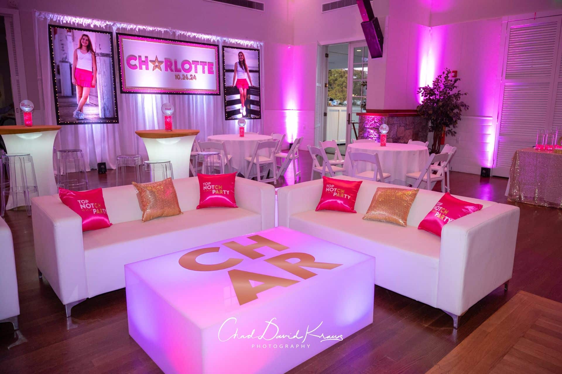 Custom LED Pink Lounge for a Bat mitzvah at Shenorock Shore Club