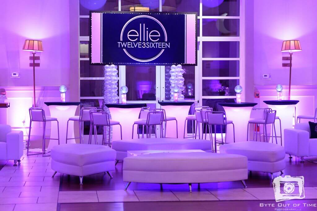 Club Themed Bat Mitzvah Lounge with LED Furniture, Custom Pillows, Logo Decals and Backdrop at the Stone House at Stirling Ridge