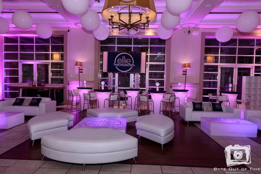 Club Themed Bat Mitzvah Lounge with LED Furniture, Custom Pillows, Logo Decals and Backdrop at the Stone House at Stirling Ridge