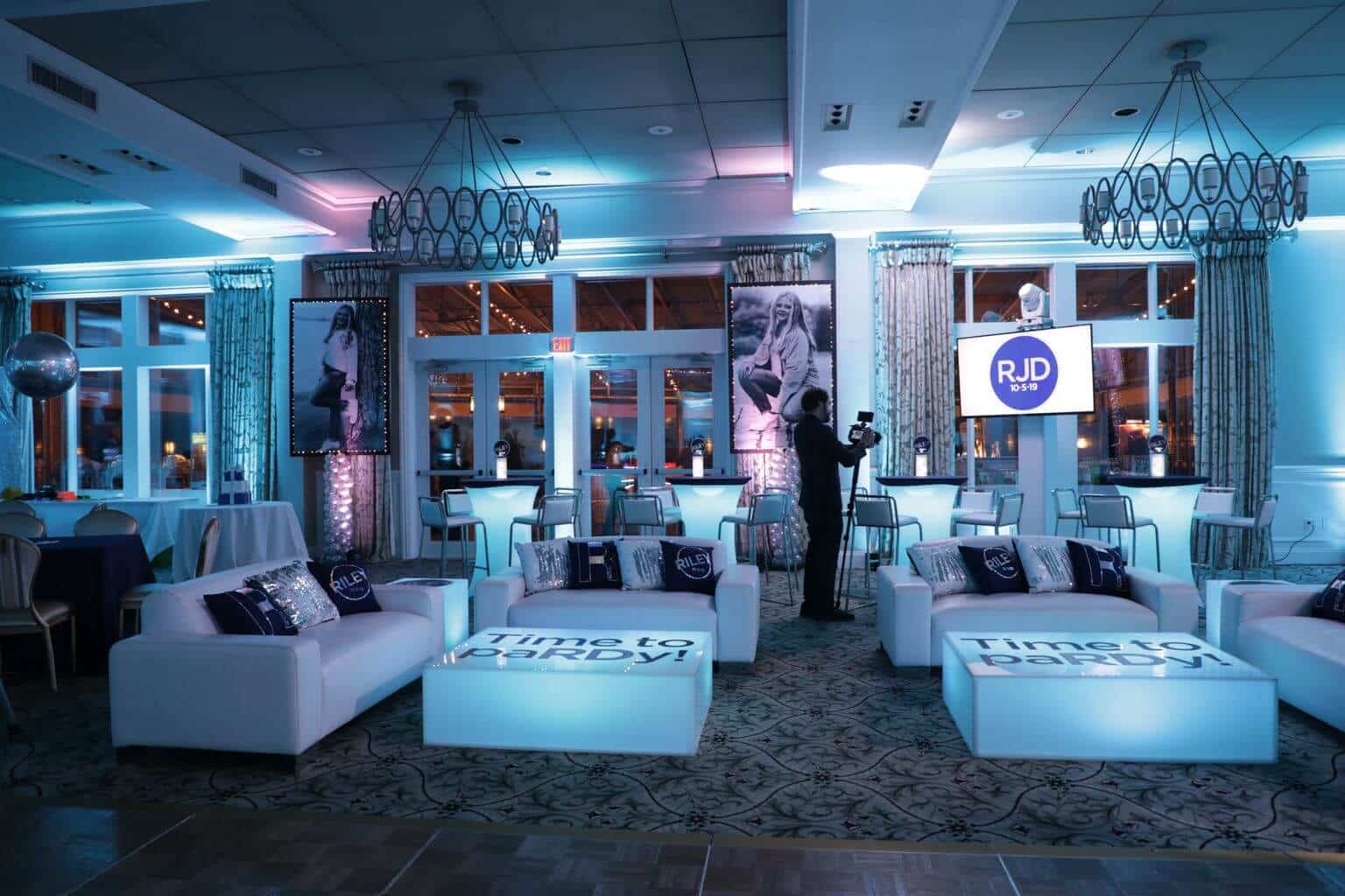 Turquoise and Navy Bat Mitzvah Lounge with LED Furniture, Custom Pillows and Blowup Photos at Willow Ridge Country Club