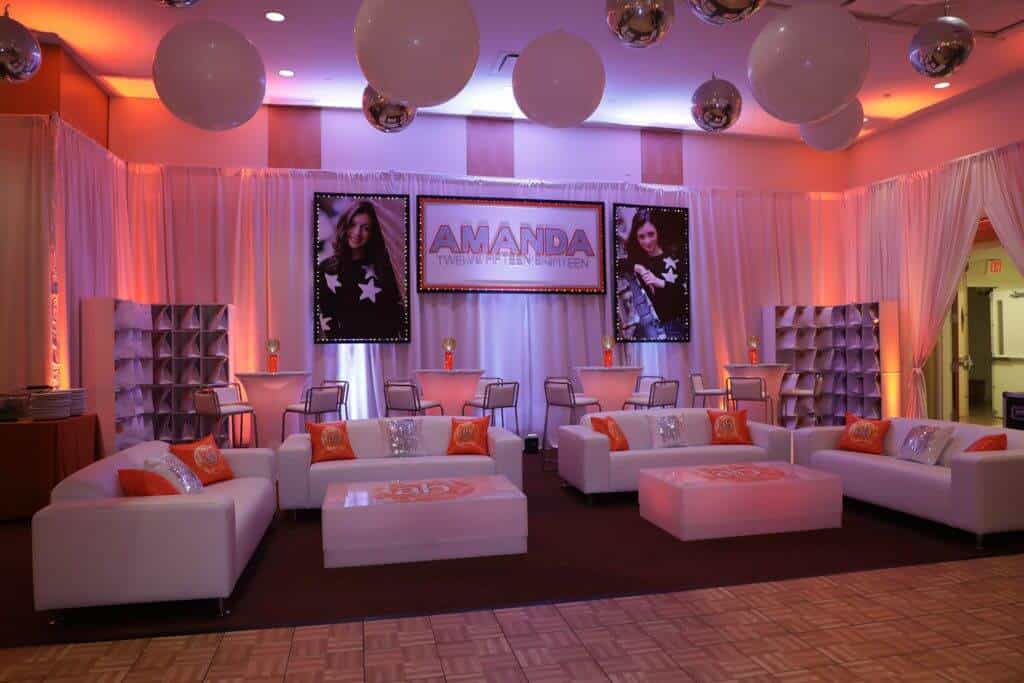 Club Themed Bat Mitzvah Lounge with LED Furniture and Logo Decals at Temple Bet Torah, Mt. Kisco