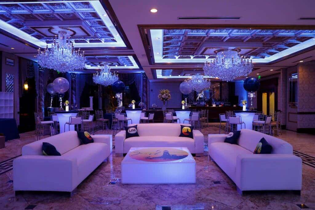 Fire Island Themed Bar Mitzvah Lounge with Custom LED Tables, Logo Pillows and Mini Lounge Centerpieces at Seasons Catering, NJ