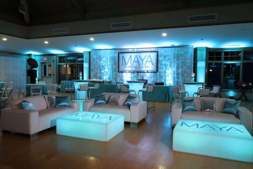 Bat Mitzvah LED Lounge Setup with Custom Logo Backdrop and Bubble Ballloon Wall at Temple Bet Am Shalom