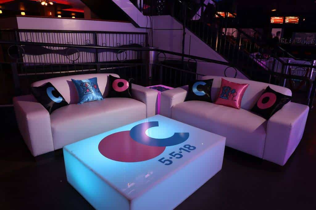 B'nai MItzvah Lounge with LED Tables and Logo Decals at Bowlmor, Chelsea Piers