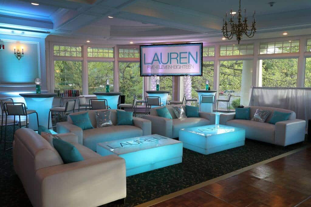 Custom Bat Mitzvah Lounge with LED Tables and Logo Decals at Scarsdale Golf Club