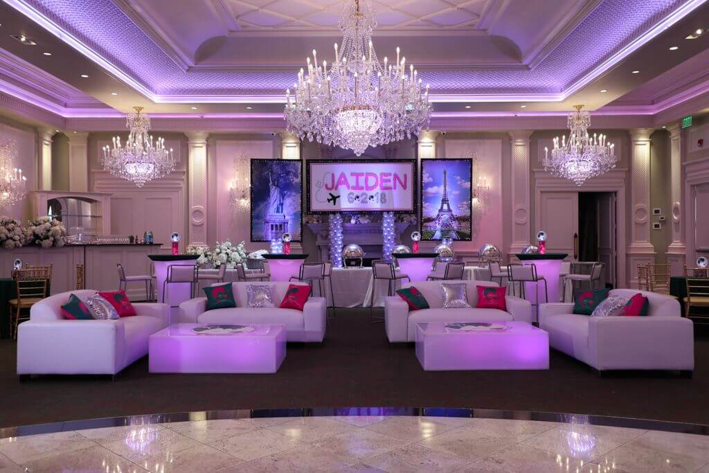 Travel Themed Bat Mitzvah Lounge with Custom Backdrop and Blowup Photos at The Rockleigh