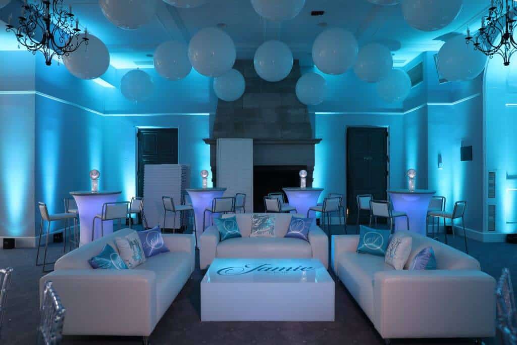 Club Themed Lounge with LED Furniture and Custom Logo Decals at Temple Shaaray Tefila