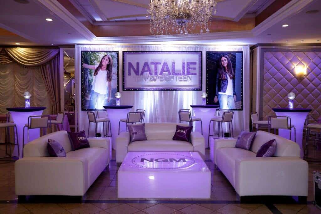 Club Themed Bat Mitzvah Lounge with LED Furniture and Logo Decals at Seasons, NJ