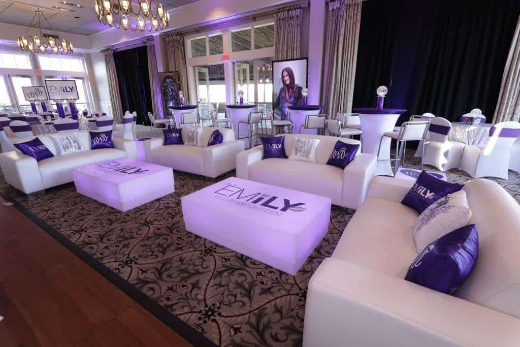Club Themed Bat Mitzvah Lounge with LED Furniture and Logo Decals at Willow Ridge Country Club