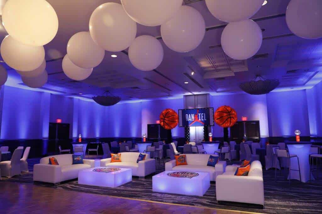 Basketball Themed Bar Mitzvah Lounge with Custom LED Tables, Logo Tables and Mini Lounge Centerpieces at the Renaissance Westchester Hotel