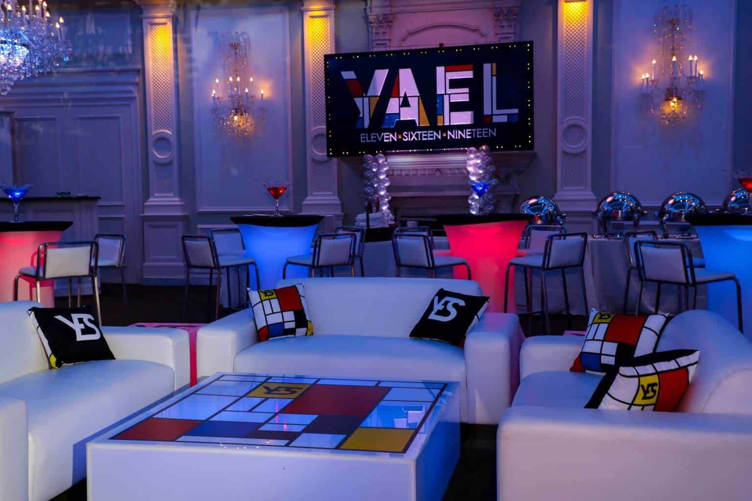Mondrian Themed Bat Mitzvah Lounge with LED Furniture, Custom Pillows and Logo Backdrop at The Rockleigh