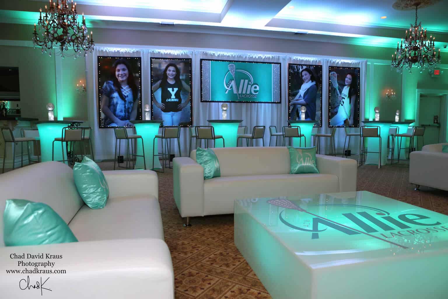 Lacrosse Themed Bat Mitzvah Lounge with Custom Logo and Photo Backdrop, LED Furniture, Logo Pillows and Centerpieces at Villa Barone Hilltop Manor