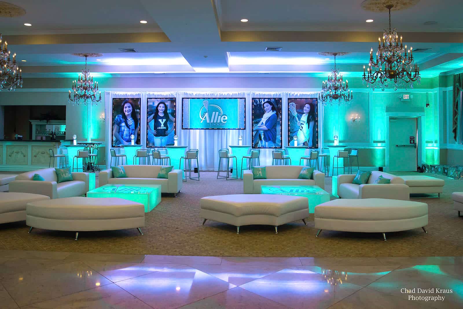 Lacrosse Themed Bat Mitzvah Lounge with Custom Logo and Photo Backdrop, LED Furniture, Logo Pillows and Centerpieces at Villa Barone Hilltop Manor