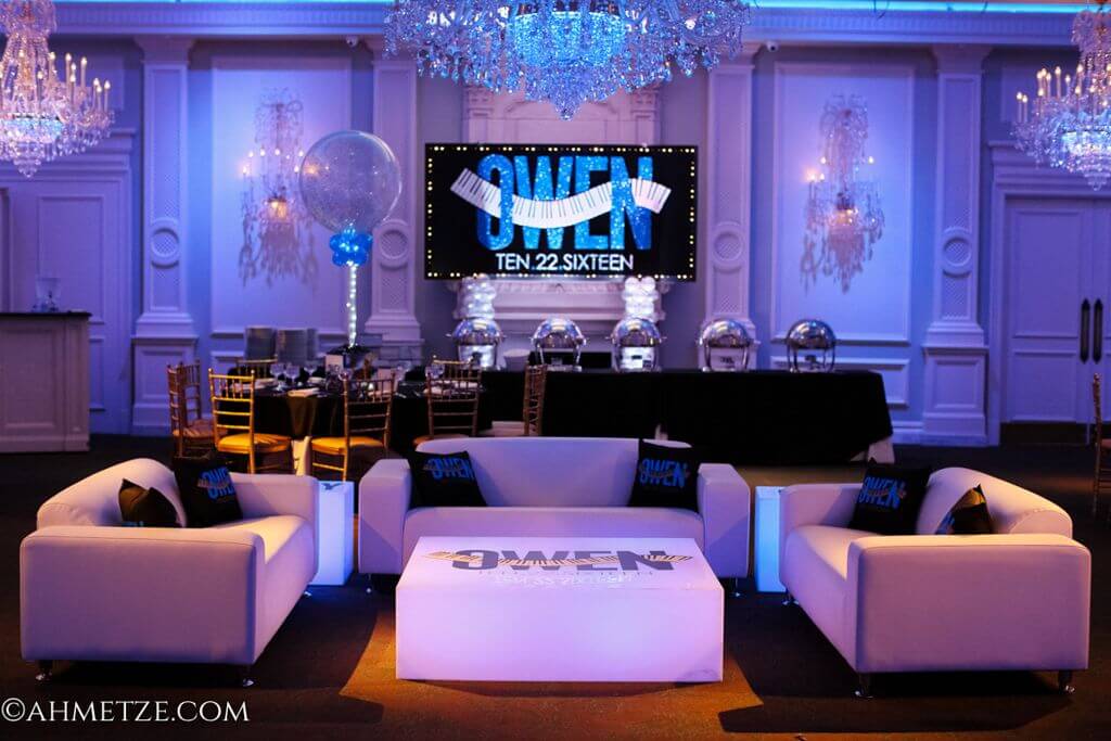 Music Themed Bar Mitzvah Lounge with LED Furniture, Logo Backdrop and Custom Pillows at The Rockleigh