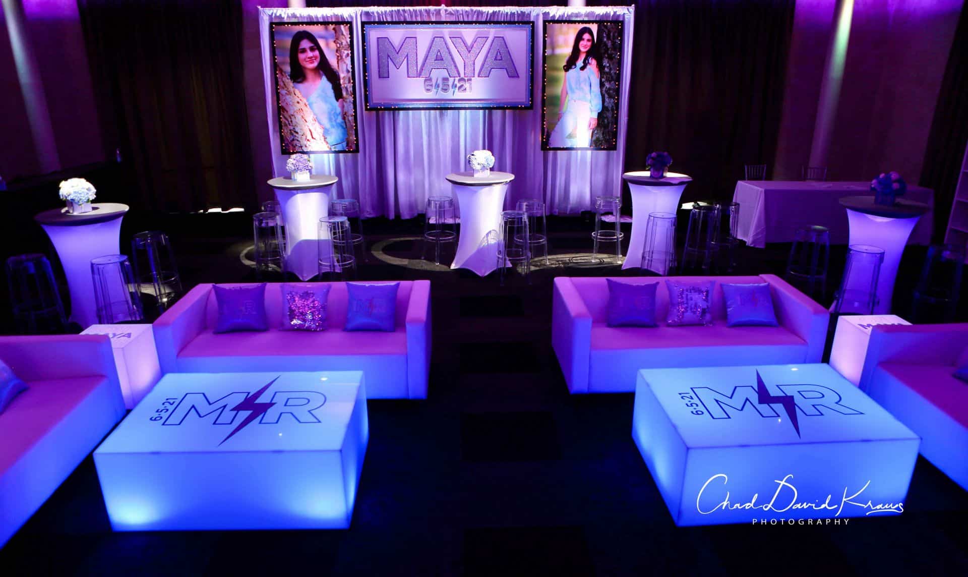 Beautiful Custom LED Lounge Furniture with Mini Cocktail Centerpiece, Custom Backdrop and Blow Up Picture for Parties