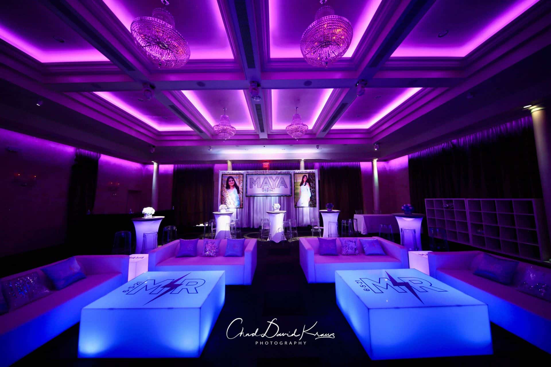 Beautiful Custom LED Lounge Furniture with Mini Cocktail Centerpiece, Custom Backdrop & Blow Up Picture for Parties